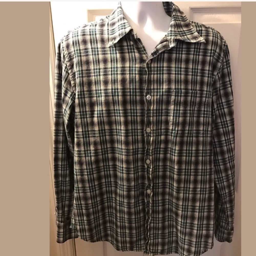 VINCE Plaid Button Down Shirt Green Blue White Cotton Preppy Basic Mens Designer